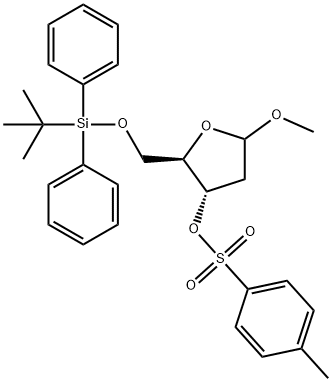 Methyl 5-O-tert-butyldiphenylsilyl-2-deoxy-3-O-(4-Methylbenzenesulfonyl)-D-erythro-pentofuranoside 化学構造式