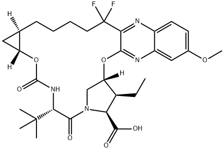 (33R,34S,35S,91R,92R,5S,E)-5-(tert-butyl)-34-ethyl-14,14-difluoro-17-methoxy-4,7-dioxo-2,8-dioxa-6-aza-1(2,3)-quinoxalina-3(3,1)-pyrrolidina-9(1,2)-cyclopropanacyclotetradecaphane-35-carboxylic acid 化学構造式