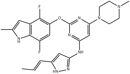 4-Pyrimidinamine, 2-[(4,7-difluoro-2-methyl-1H-indol-5-yl)oxy]-6-(4-methyl-1-piperazinyl)-N-[5-(1E)-1-propen-1-yl-1H-pyrazol-3-yl]- Structure