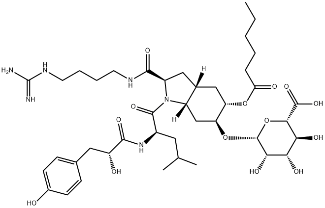 2H-Pyran-2-carboxylic acid, 6-[[(2R,3aR,5S,6S,7aS)-2-[[[4-[(aminoiminomethyl)amino]butyl]amino]carbonyl]octahydro-1-[(2R)-2-[[(2R)-2-hydroxy-3-(4-hydroxyphenyl)-1-oxopropyl]amino]-4-methyl-1-oxopentyl]-5-[(1-oxohexyl)oxy]-1H-indol-6-yl]oxy]tetrahydro-3,4,5-trihydroxy-, (2S,3S,4S,5S,6R)- Struktur