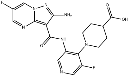 4-Piperidinecarboxylic acid, 1-[3-[[(2-amino-6-fluoropyrazolo[1,5-a]pyrimidin-3-yl)carbonyl]amino]-5-fluoro-4-pyridinyl]- Struktur