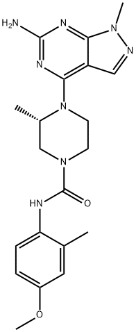 (S)-4-(6-氨基-1-甲基-1H-吡唑并[3,4-D]嘧啶-4-基)-N-(4-甲氧基-2-甲基苯基)-3-甲基哌嗪-1-甲酰胺, 1616413-96-7, 结构式