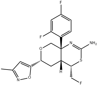 Pyrano[3,4-d][1,3]thiazin-2-amine, 8a-(2,4-difluorophenyl)-4-(fluoromethyl)-4,4a,5,6,8,8a-hexahydro-6-(3-methyl-5-isoxazolyl)-, (4S,4aR,6R,8aS)-,1621585-22-5,结构式