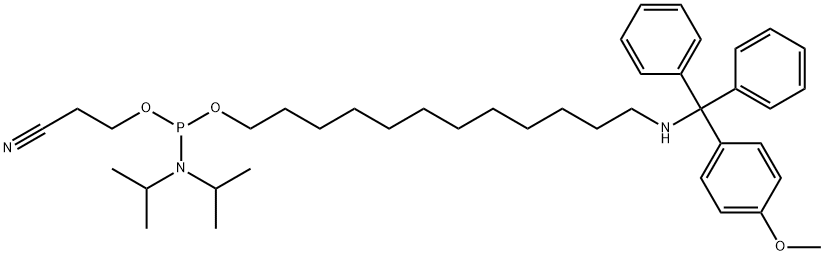 Phosphoramidous acid, N,N-bis(1-methylethyl)-, 2-cyanoethyl 12-[[(4-methoxyphenyl)diphenylmethyl]amino]dodecyl ester Struktur