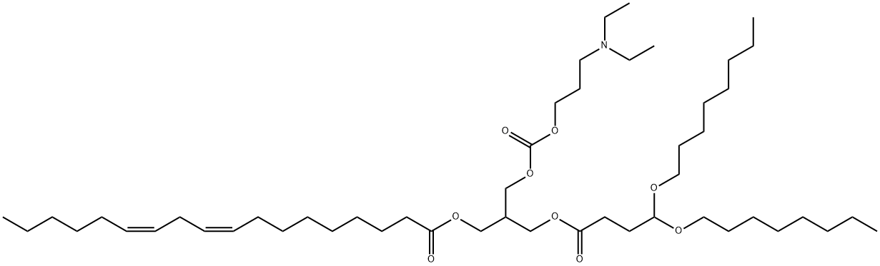 9,12-Octadecadienoic acid (9Z,12Z)-, 3-[4,4-bis(octyloxy)-1-oxobutoxy]-2-[[[[3-(diethylamino)propoxy]carbonyl]oxy]methyl]propyl ester 化学構造式
