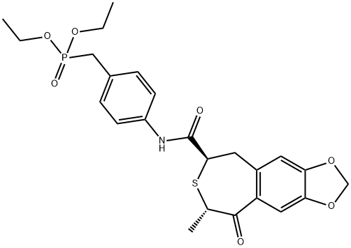 diethyl 4-((6R,8S)-8-methyl-9-oxo-5,6,8,9-tetrahydrothiepino[4,5:4,5]benzo[1,2-d][1,3]dioxole-6-carboxamido)benzylphosphonate Struktur