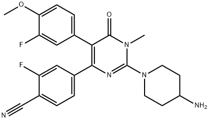 Benzonitrile, 4-[2-(4-amino-1-piperidinyl)-5-(3-fluoro-4-methoxyphenyl)-1,6-dihydro-1-methyl-6-oxo-4-pyrimidinyl]-2-fluoro- 化学構造式