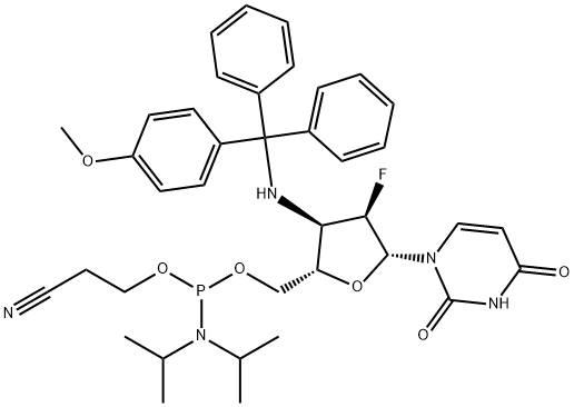 Uridine, 2',3'-dideoxy-2'-fluoro-3'-[[(4-methoxyphenyl)diphenylmethyl]amino]-, 5'-[2-cyanoethyl bis(1-methylethyl)phosphoramidite] (9CI) Struktur
