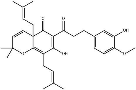 5H-1-Benzopyran-5-one, 2,4a-dihydro-7-hydroxy-6-[3-(3-hydroxy-4-methoxyphenyl)-1-oxopropyl]-2,2-dimethyl-4a,8-bis(3-methyl-2-buten-1-yl)- 化学構造式