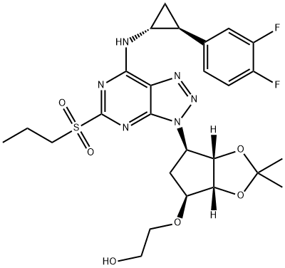 Ethanol, 2-[[(3aR,4S,6R,6aS)-6-[7-[[(1R,2S)-2-(3,4-difluorophenyl)cyclopropyl]amino]-5-(propylsulfonyl)-3H-1,2,3-triazolo[4,5-d]pyrimidin-3-yl]tetrahydro-2,2-dimethyl-4H-cyclopenta-1,3-dioxol-4-yl]oxy]- Struktur