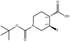 (3,4)-Trans-1-(tert-butoxycarbonyl)-3-fluoropiperidine-4-carboxylic acid racemate 化学構造式