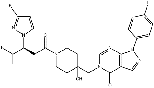 1-(4-フルオロフェニル)-5-[[1-[(S)-4,4-ジフルオロ-3-(3-フルオロ-1H-ピラゾール-1-イル)ブチリル]-4-ヒドロキシ-4-ピペリジニル]メチル]-1,5-ジヒドロ-4H-ピラゾロ[3,4-d]ピリミジン-4-オン 化学構造式
