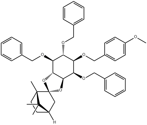 D-myo-Inositol, 1-O-(4-methoxyphenyl)methyl-2,5,6-tris-O-(phenylmethyl)-3,4-O-(1S,2R,4S)-1,7,7-trimethylbicyclo2.2.1hept-2-ylidene- Struktur