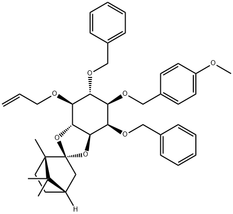 D-myo-Inositol, 1-O-(4-methoxyphenyl)methyl-2,6-bis-O-(phenylmethyl)-5-O-2-propenyl-3,4-O-(1S,2R,4S)-1,7,7-trimethylbicyclo2.2.1hept-2-ylidene- Structure