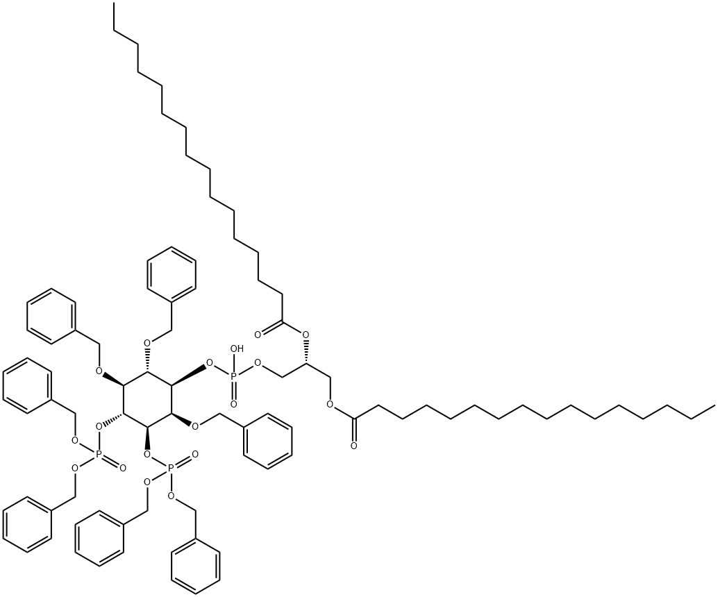D-myo-Inositol, 2,5,6-tris-O-(phenylmethyl)-, 1-(2R)-2,3-bis(1-oxohexadecyl)oxypropyl hydrogen phosphate 3,4-bisbis(phenylmethyl) phosphate Struktur
