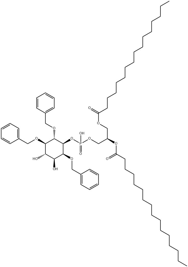 D-myo-Inositol, 2,5,6-tris-O-(phenylmethyl)-, 1-(2R)-2,3-bis(1-oxohexadecyl)oxypropyl hydrogen phosphate Struktur