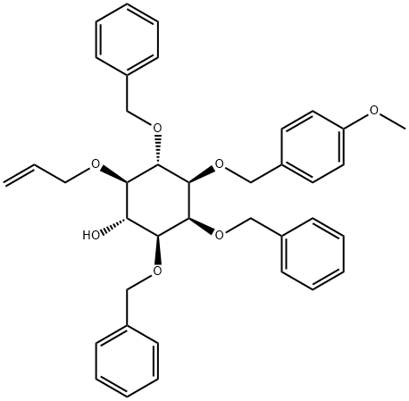 D-myo-Inositol, 1-O-(4-methoxyphenyl)methyl-2,3,6-tris-O-(phenylmethyl)-5-O-2-propenyl- 化学構造式