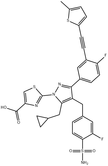 1964516-64-0 4-Thiazolecarboxylic acid, 2-[4-[[4-(aminosulfonyl)-3-fluorophenyl]methyl]-5-(cyclopropylmethyl)-3-[4-fluoro-3-[2-(5-methyl-2-thienyl)ethynyl]phenyl]-1H-pyrazol-1-yl]-