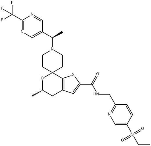 (S)-N-((5-(乙基磺酰基)吡啶-2-基)甲基)-5'-甲基-1-((R)-1-(2-(三氟甲基)嘧啶-5-基)乙基) -4',5'-二氢螺[哌啶-4,7'-噻吩并[2,3-C]吡喃]-2'-甲酰胺,2088333-58-6,结构式