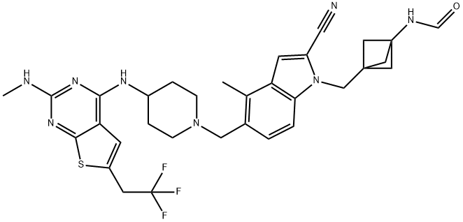 Formamide, N-[3-[[2-cyano-4-methyl-5-[[4-[[2-(methylamino)-6-(2,2,2-trifluoroethyl)thieno[2,3-d]pyrimidin-4-yl]amino]-1-piperidinyl]methyl]-1H-indol-1-yl]methyl]bicyclo[1.1.1]pent-1-yl]- Structure