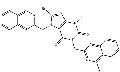 1H-Purine-2,6-dione, 8-bromo-3,7-dihydro-3-methyl-1,7-bis[(4-methyl-2-quinazolinyl)methyl]- Structure