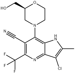 2-メチル-3-クロロ-5-(トリフルオロメチル)-7-[(S)-2-(ヒドロキシメチル)モルホリノ]-1H-ピロロ[3,2-b]ピリジン-6-カルボニトリル 化学構造式