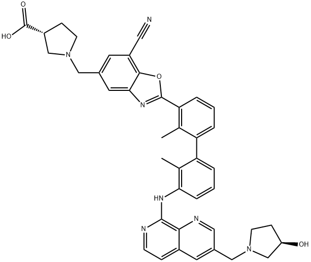 3-Pyrrolidinecarboxylic acid, 1-[[7-cyano-2-[3'-[[3-[[(3R)-3-hydroxy-1-pyrrolidinyl]methyl]-1,7-naphthyridin-8-yl]amino]-2,2'-dimethyl[1,1'-biphenyl]-3-yl]-5-benzoxazolyl]methyl]-, (3R)- Structure