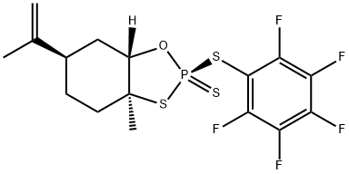 1,3,2-Benzoxathiaphosphole, hexahydro-3a-methyl-6-(1-methylethenyl)-2-[(2,3,4,5,6-pentafluorophenyl)thio]-, 2-sulfide, (2S,3aS,6R,7aS)- 化学構造式