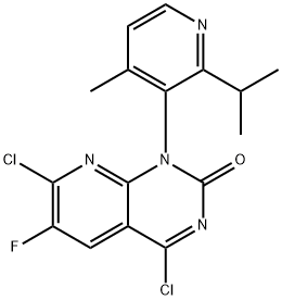 Pyrido[2,3-d]pyrimidin-2(1H)-one, 4,7-dichloro-6-fluoro-1-[4-methyl-2-(1-methylethyl)-3-pyridinyl]- Struktur