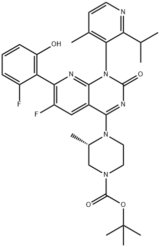 4-[(S)-4-Boc-2-methyl-1-piperazinyl]-6-fluoro-7-(2-fluoro-6-hydroxyphenyl)-1-(2-isopropyl-4-methyl-3-pyridyl)pyrido[2,3-d]pyrimidin-2(1H)-one, 2252403-85-1, 结构式