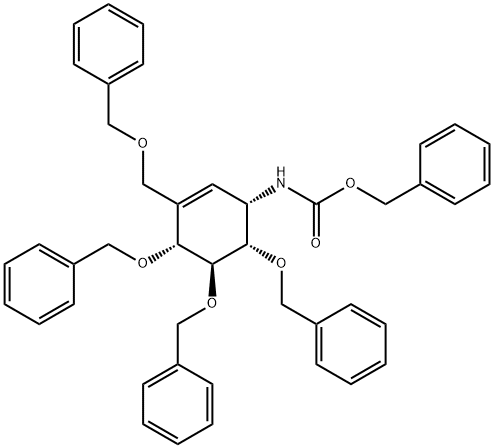 Carbamic acid, [(1S,4R,5S,6S)-4,5,6-tris(phenylmethoxy)-3-[(phenylmethoxy)methyl]-2-cyclohexen-1-yl]-, phenylmethyl ester (9CI) Struktur
