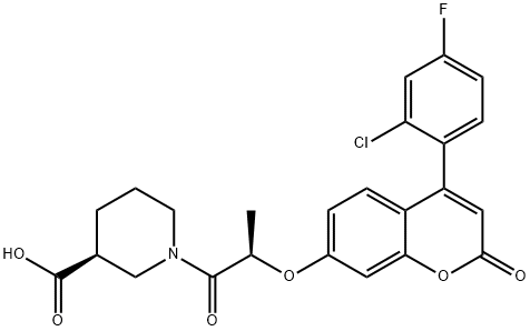 3-Piperidinecarboxylic acid, 1-[(2R)-2-[[4-(2-chloro-4-fluorophenyl)-2-oxo-2H-1-benzopyran-7-yl]oxy]-1-oxopropyl]-, (3S)- Structure