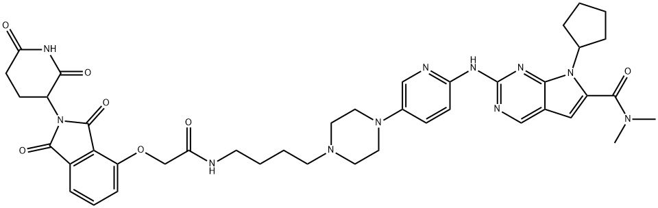 7H-Pyrrolo[2,3-d]pyrimidine-6-carboxamide, 7-cyclopentyl-2-[[5-[4-[4-[[2-[[2-(2,6-dioxo-3-piperidinyl)-2,3-dihydro-1,3-dioxo-1H-isoindol-4-yl]oxy]acetyl]amino]butyl]-1-piperazinyl]-2-pyridinyl]amino]-N,N-dimethyl- 化学構造式