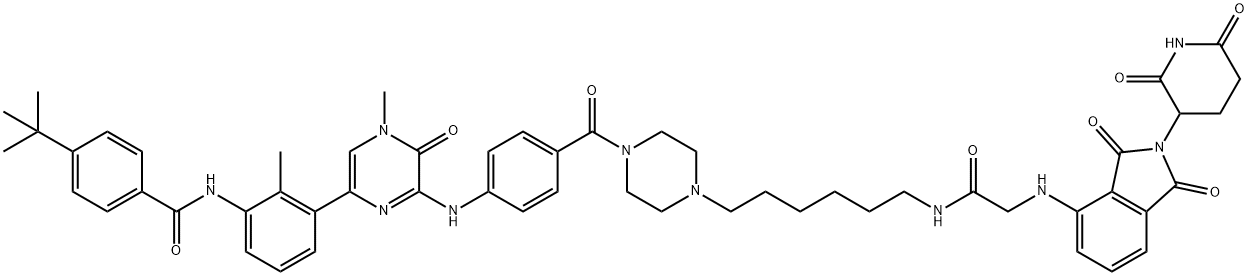 Benzamide, 4-(1,1-dimethylethyl)-N-[3-[6-[[4-[[4-[6-[[2-[[2-(2,6-dioxo-3-piperidinyl)-2,3-dihydro-1,3-dioxo-1H-isoindol-4-yl]amino]acetyl]amino]hexyl]-1-piperazinyl]carbonyl]phenyl]amino]-4,5-dihydro-4-methyl-5-oxo-2-pyrazinyl]-2-methylphenyl]- Struktur