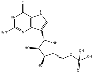4H-Pyrrolo3,2-dpyrimidin-4-one, 2-amino-7-(2S,3S,4R,5R)-3,4-dihydroxy-5-(phosphonooxy)methyl-2-pyrrolidinyl-1,5-dihydro- Structure
