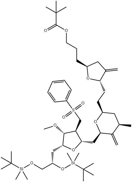 Propanoic acid, 2,2-dimethyl-, 3-[(2S,5S)-5-[2-[(2S,4R,6R)-6-[[(2S,3S,4R,5R)-5-[(2S)-2,3-bis[[(1,1-dimethylethyl)dimethylsilyl]oxy]propyl]tetrahydro-4-methoxy-3-[(phenylsulfonyl)methyl]-2-furanyl]methyl]tetrahydro-4-methyl-5-methylene-2H-pyran-2-yl]ethyl]tetrahydro-4-methylene-2-furanyl]propyl ester Struktur