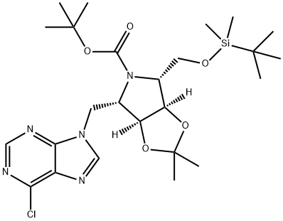 5H-1,3-Dioxolo4,5-cpyrrole-5-carboxylic acid, 4-(6-chloro-9H-purin-9-yl)methyl-6-(1,1-dimethylethyl)dimethylsilyloxymethyltetrahydro-2,2-dimethyl-, 1,1-dimethylethyl ester, (3aS,4S,6R,6aR)- 结构式