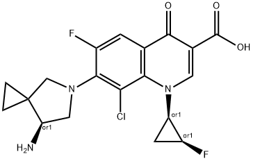 3-Quinolinecarboxylic acid, 7-[(7S)-7-aMino-5-azaspiro[2.4]hept-5-yl]-8-chloro-6-fluoro-1-[(1R,2S)-2-fluorocyclopropyl]-1,4-dihydro-4-oxo-, rel- Struktur