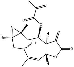 2-Methylpropenoic acid [(1aR,3S,4Z,5aR,8aR,9R,10aR)-1a,2,3,5a,7,8,8a,9,10,10a-decahydro-3-hydroxy-4,10a-dimethyl-8-methylene-7-oxooxireno[5,6]cyclodeca[1,2-b]furan-9-yl] ester Structure