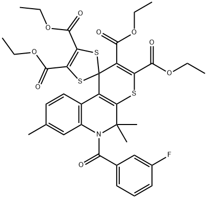 2,3,4',5'-tetrakis(ethoxycarbonyl)-6-(3-fluorobenzoyl)-5,5,8-trimethyl-5,6-dihydrospiro(1H-thiopyrano[2,3-c]quinoline-1,2'-[1',3']-dithiole),304446-35-3,结构式