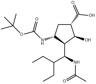 Cyclopentanecarboxylic acid, 3-[(1S)-1-(acetylamino)-2-ethylbutyl]-4-[[(1,1-dimethylethoxy)carbonyl]amino]-2-hydroxy-, (1S,2S,3R,4R)- Struktur