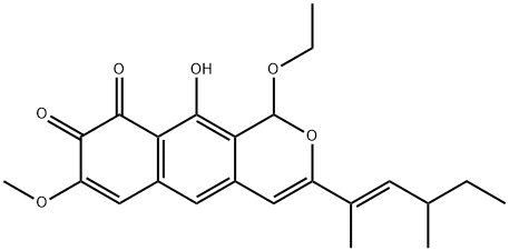 1H-Naphtho[2,3-c]pyran-8,9-dione, 3-[(1E)-1,3-dimethyl-1-penten-1-yl]-1-ethoxy-10-hydroxy-7-methoxy- 化学構造式
