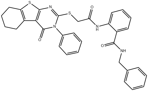 N-benzyl-2-[[2-[(4-oxo-3-phenyl-5,6,7,8-tetrahydro-[1]benzothiolo[2,3-d]pyrimidin-2-yl)sulfanyl]acetyl]amino]benzamide,345991-92-6,结构式