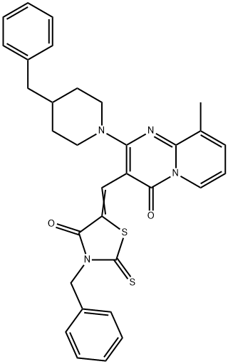 (5Z)-3-benzyl-5-[[2-(4-benzylpiperidin-1-yl)-9-methyl-4-oxopyrido[1,2-a]pyrimidin-3-yl]methylidene]-2-sulfanylidene-1,3-thiazolidin-4-one Structure