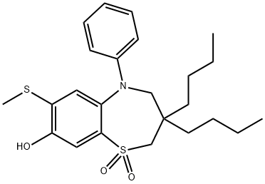 1,5-Benzothiazepin-8-ol, 3,3-dibutyl-2,3,4,5-tetrahydro-7-(methylthio)-5-phenyl-, 1,1-dioxide, 439088-16-1, 结构式