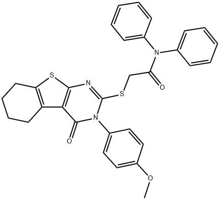 2-[[3-(4-methoxyphenyl)-4-oxo-5,6,7,8-tetrahydro-[1]benzothiolo[2,3-d]pyrimidin-2-yl]sulfanyl]-N,N-diphenylacetamide Struktur