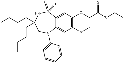 Acetic acid, 2-[[3,3-dibutyl-2,3,4,5-tetrahydro-7-(methylthio)-1,1-dioxido-5-phenyl-1,2,5-benzothiadiazepin-8-yl]oxy]-, ethyl ester Structure