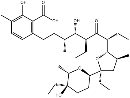 Benzoic acid, 6-[(3R,4S,5S,7R)-5-ethyl-7-[(2S,3S,5S)-5-ethyl-5-[(2R,5R,6S)-5-ethyltetrahydro-5-hydroxy-6-methyl-2H-pyran-2-yl]tetrahydro-3-methyl-2-furanyl]-4-hydroxy-3-methyl-6-oxononyl]-2-hydroxy-3-methyl-,55051-82-6,结构式
