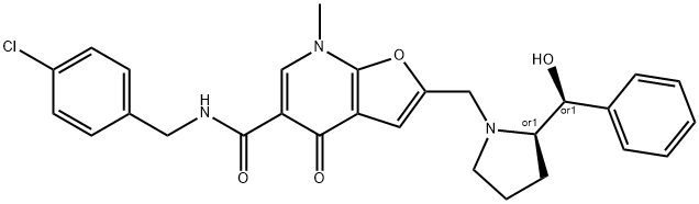 Furo[2,3-b]pyridine-5-carboxamide,  N-[(4-chlorophenyl)methyl]-4,7-dihydro-2-[[(2R)-2-[(S)-hydroxyphenylmethyl]-1-pyrrolidinyl]methyl]-7-methyl-4-oxo-,  rel-,562101-66-0,结构式