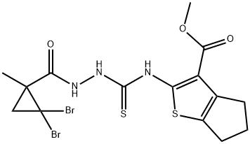 methyl 2-(2-(2,2-dibromo-1-methylcyclopropanecarbonyl)hydrazinecarbothioamido)-5,6-dihydro-4H-cyclopenta[b]thiophene-3-carboxylate 化学構造式